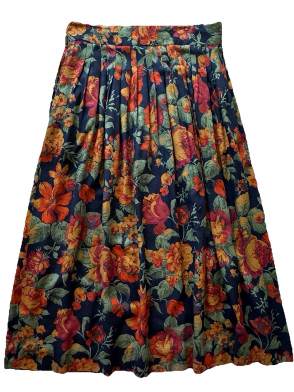 Vintage The Villager Floral Pleated Maxi Skirt 14 Navy Cottagecore Prairie Boho